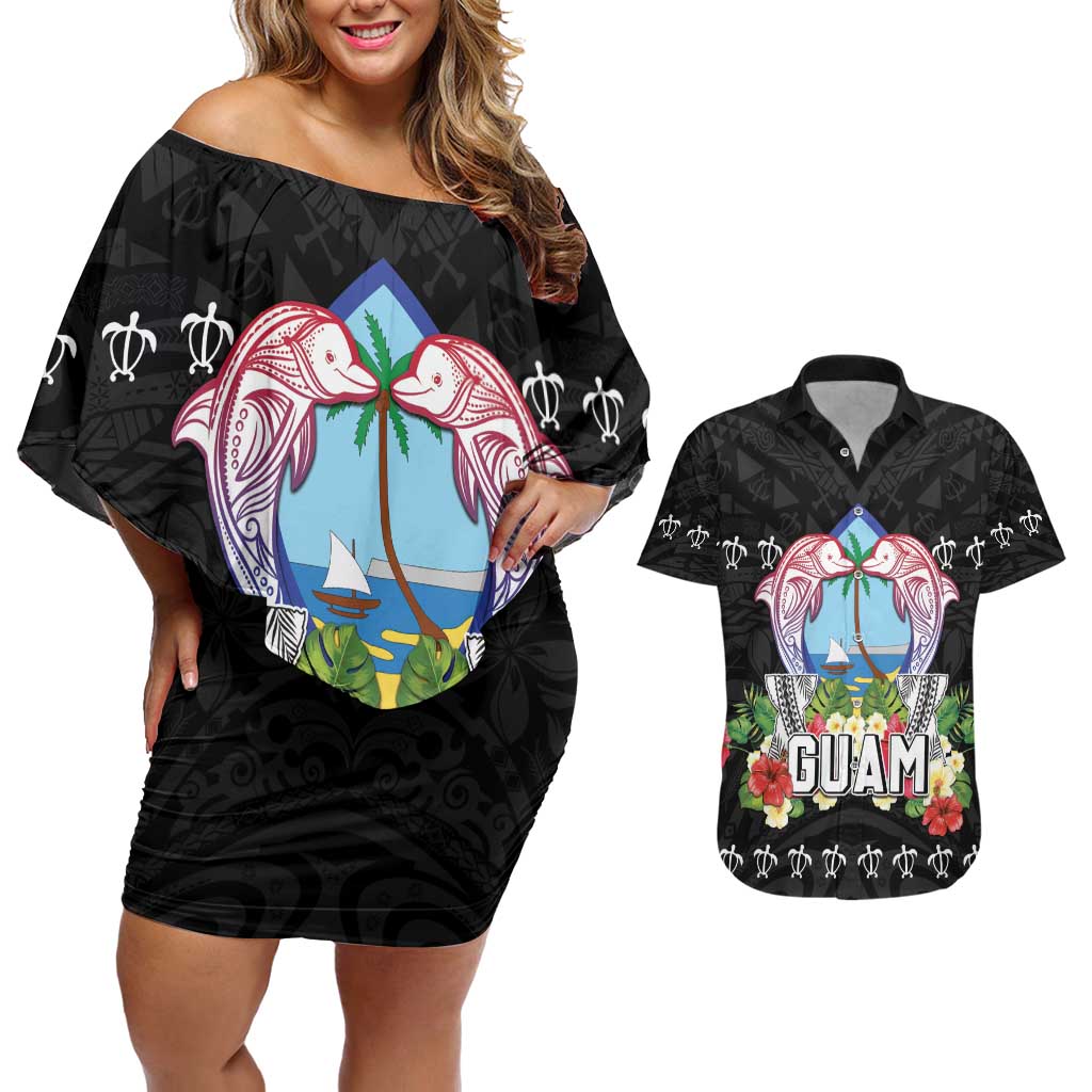 Guam Chamorro Couples Matching Off Shoulder Short Dress and Hawaiian Shirt Tribal Latte Stone With Dolphins Black LT05 Black - Polynesian Pride