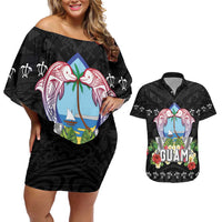 Guam Chamorro Couples Matching Off Shoulder Short Dress and Hawaiian Shirt Tribal Latte Stone With Dolphins Black LT05 Black - Polynesian Pride