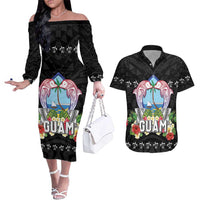 Guam Chamorro Couples Matching Off The Shoulder Long Sleeve Dress and Hawaiian Shirt Tribal Latte Stone With Dolphins Black LT05 Black - Polynesian Pride