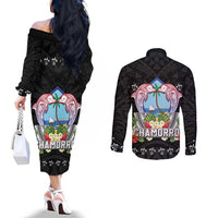 Guam Chamorro Couples Matching Off The Shoulder Long Sleeve Dress and Long Sleeve Button Shirt Tribal Latte Stone With Dolphins Black LT05 - Polynesian Pride
