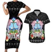 Guam Chamorro Couples Matching Short Sleeve Bodycon Dress and Hawaiian Shirt Tribal Latte Stone With Dolphins Black LT05 Black - Polynesian Pride