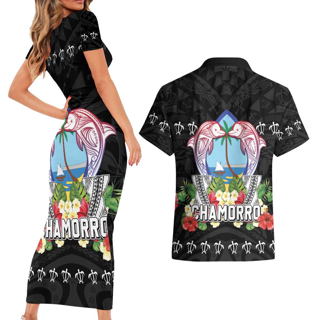 Guam Chamorro Couples Matching Short Sleeve Bodycon Dress and Hawaiian Shirt Tribal Latte Stone With Dolphins Black LT05 - Polynesian Pride