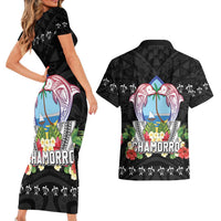 Guam Chamorro Couples Matching Short Sleeve Bodycon Dress and Hawaiian Shirt Tribal Latte Stone With Dolphins Black LT05 - Polynesian Pride
