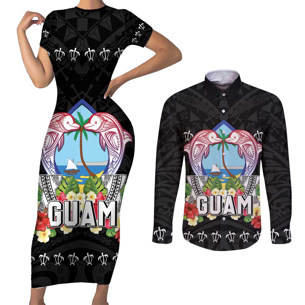 Guam Chamorro Couples Matching Short Sleeve Bodycon Dress and Long Sleeve Button Shirt Tribal Latte Stone With Dolphins Black LT05 Black - Polynesian Pride