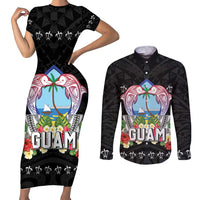Guam Chamorro Couples Matching Short Sleeve Bodycon Dress and Long Sleeve Button Shirt Tribal Latte Stone With Dolphins Black LT05 Black - Polynesian Pride