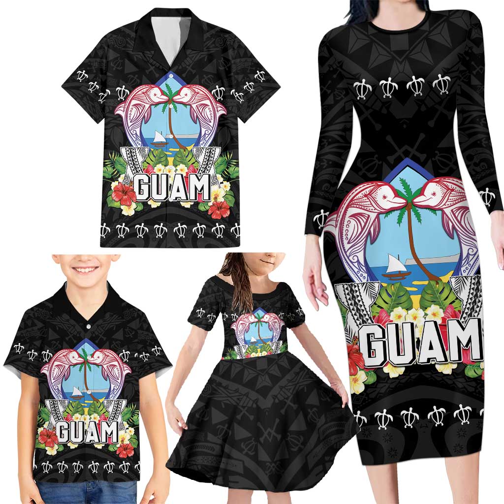Guam Chamorro Family Matching Long Sleeve Bodycon Dress and Hawaiian Shirt Tribal Latte Stone With Dolphins Black LT05 - Polynesian Pride