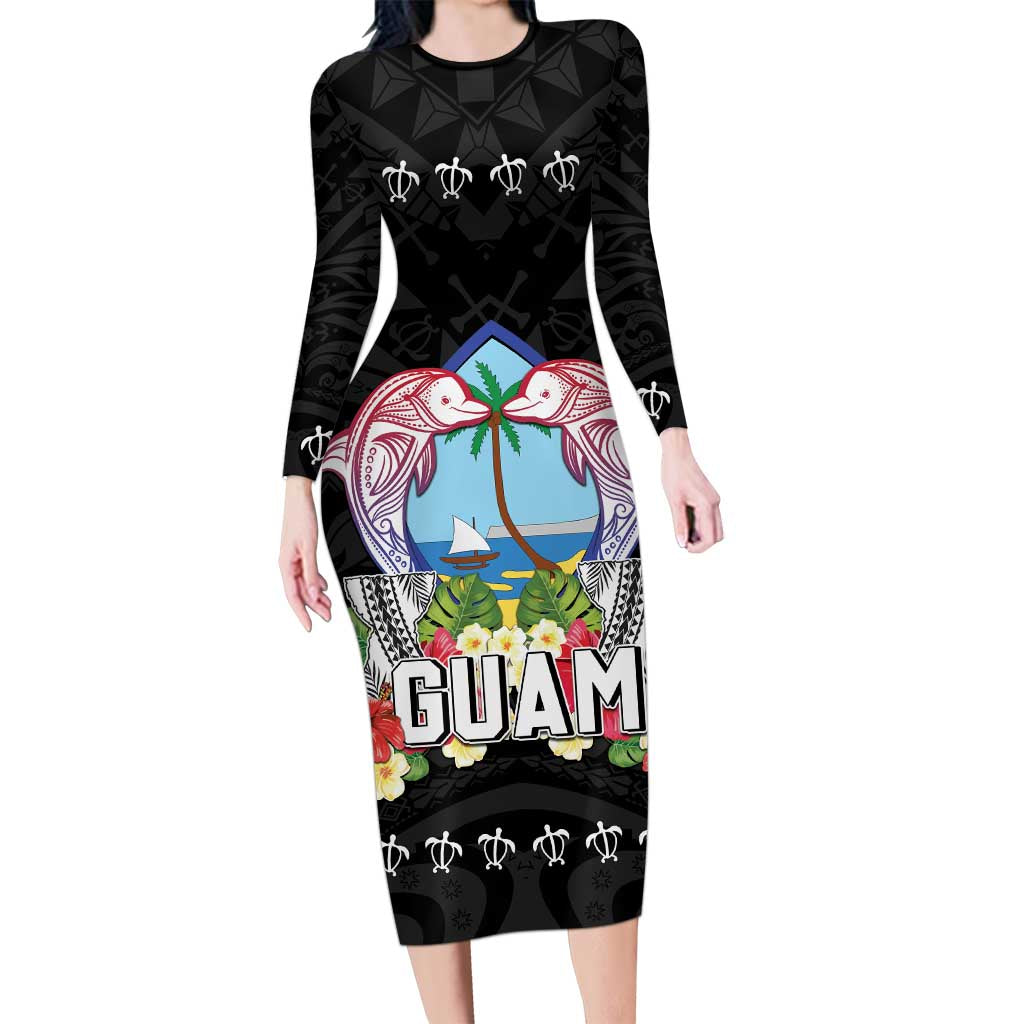 Guam Chamorro Family Matching Long Sleeve Bodycon Dress and Hawaiian Shirt Tribal Latte Stone With Dolphins Black LT05 Mom's Dress Black - Polynesian Pride