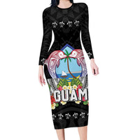 Guam Chamorro Family Matching Long Sleeve Bodycon Dress and Hawaiian Shirt Tribal Latte Stone With Dolphins Black LT05 Mom's Dress Black - Polynesian Pride