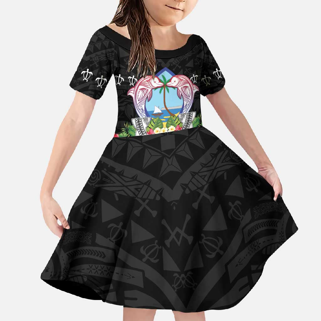 Guam Chamorro Family Matching Mermaid Dress and Hawaiian Shirt Tribal Latte Stone With Dolphins Black LT05 Daughter's Dress Black - Polynesian Pride