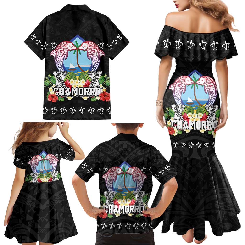 Guam Chamorro Family Matching Mermaid Dress and Hawaiian Shirt Tribal Latte Stone With Dolphins Black LT05 - Polynesian Pride
