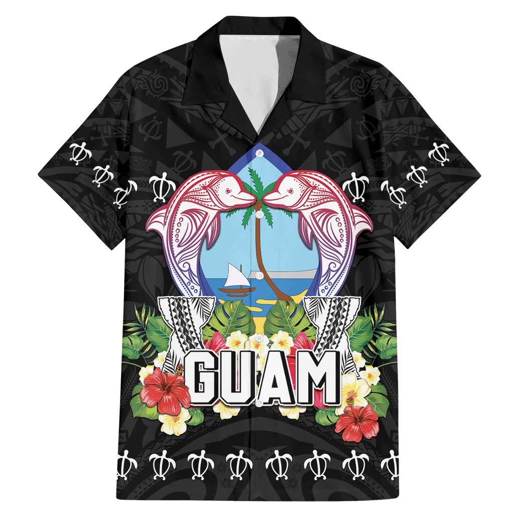 Guam Chamorro Family Matching Mermaid Dress and Hawaiian Shirt Tribal Latte Stone With Dolphins Black LT05 Dad's Shirt - Short Sleeve Black - Polynesian Pride