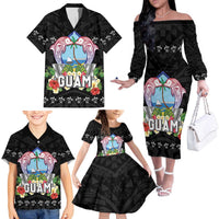 Guam Chamorro Family Matching Off The Shoulder Long Sleeve Dress and Hawaiian Shirt Tribal Latte Stone With Dolphins Black LT05 - Polynesian Pride