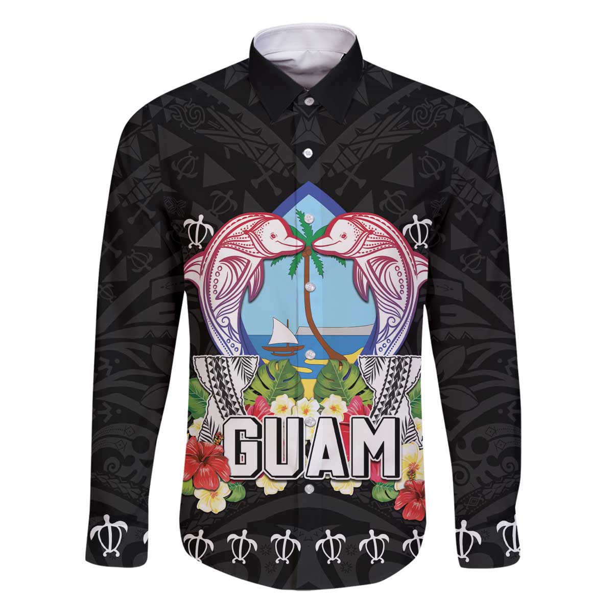 Guam Chamorro Family Matching Off The Shoulder Long Sleeve Dress and Hawaiian Shirt Tribal Latte Stone With Dolphins Black LT05 Dad's Shirt - Long Sleeve Black - Polynesian Pride