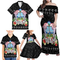 Guam Chamorro Family Matching Off Shoulder Maxi Dress and Hawaiian Shirt Tribal Latte Stone With Dolphins Black LT05 - Polynesian Pride