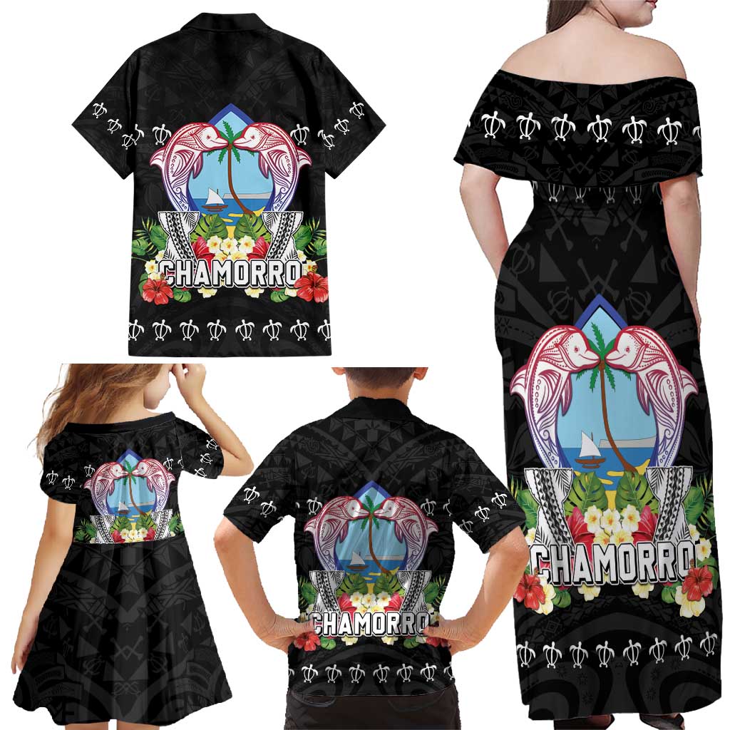 Guam Chamorro Family Matching Off Shoulder Maxi Dress and Hawaiian Shirt Tribal Latte Stone With Dolphins Black LT05 - Polynesian Pride