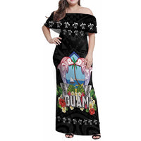 Guam Chamorro Family Matching Off Shoulder Maxi Dress and Hawaiian Shirt Tribal Latte Stone With Dolphins Black LT05 Mom's Dress Black - Polynesian Pride