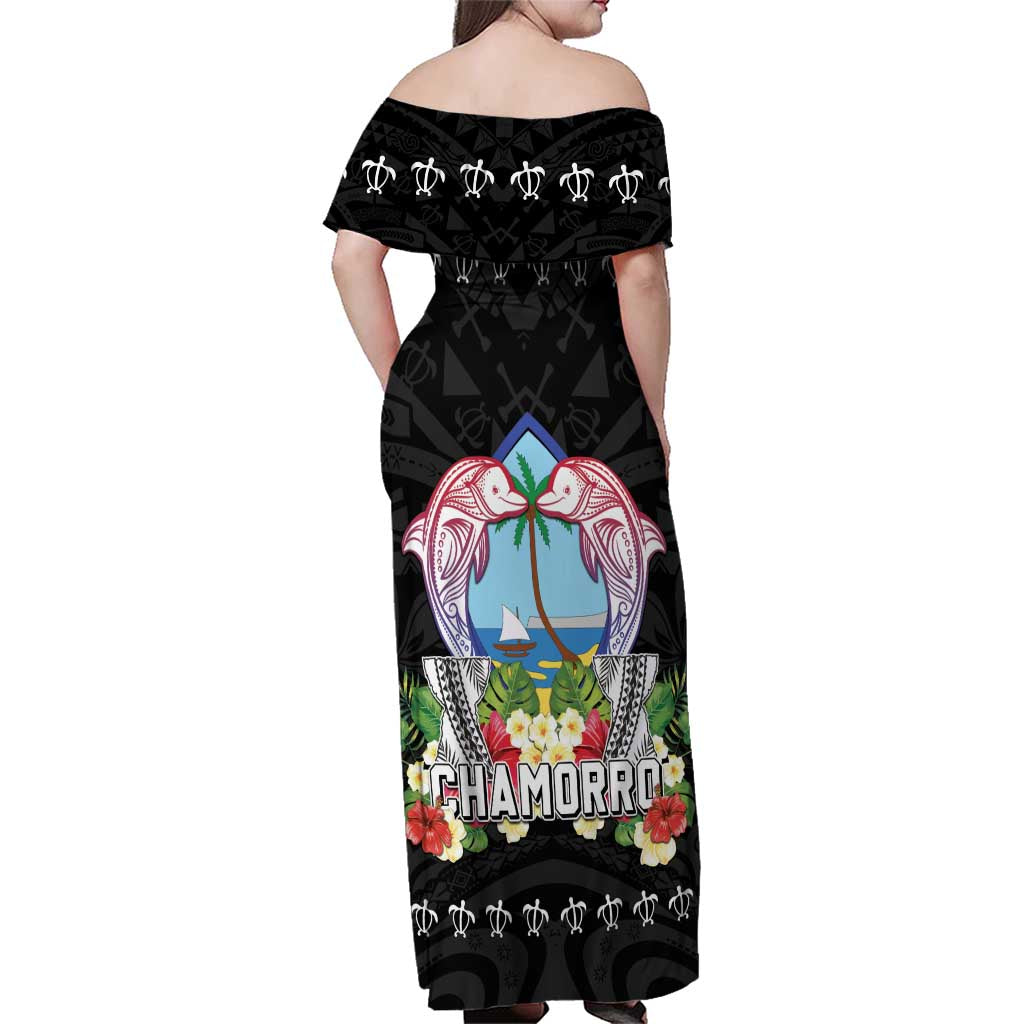 Guam Chamorro Family Matching Off Shoulder Maxi Dress and Hawaiian Shirt Tribal Latte Stone With Dolphins Black LT05 - Polynesian Pride