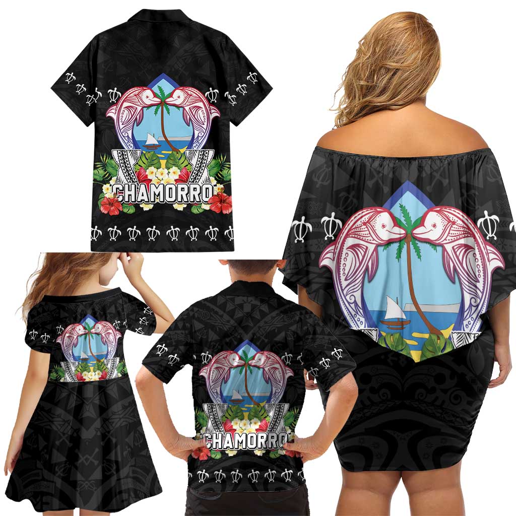 Guam Chamorro Family Matching Off Shoulder Short Dress and Hawaiian Shirt Tribal Latte Stone With Dolphins Black LT05 - Polynesian Pride