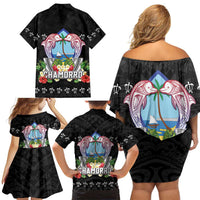 Guam Chamorro Family Matching Off Shoulder Short Dress and Hawaiian Shirt Tribal Latte Stone With Dolphins Black LT05 - Polynesian Pride