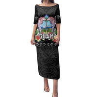 Guam Chamorro Family Matching Puletasi and Hawaiian Shirt Tribal Latte Stone With Dolphins Black LT05 Mom's Dress Black - Polynesian Pride