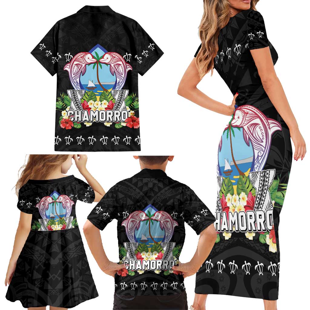 Guam Chamorro Family Matching Short Sleeve Bodycon Dress and Hawaiian Shirt Tribal Latte Stone With Dolphins Black LT05 - Polynesian Pride