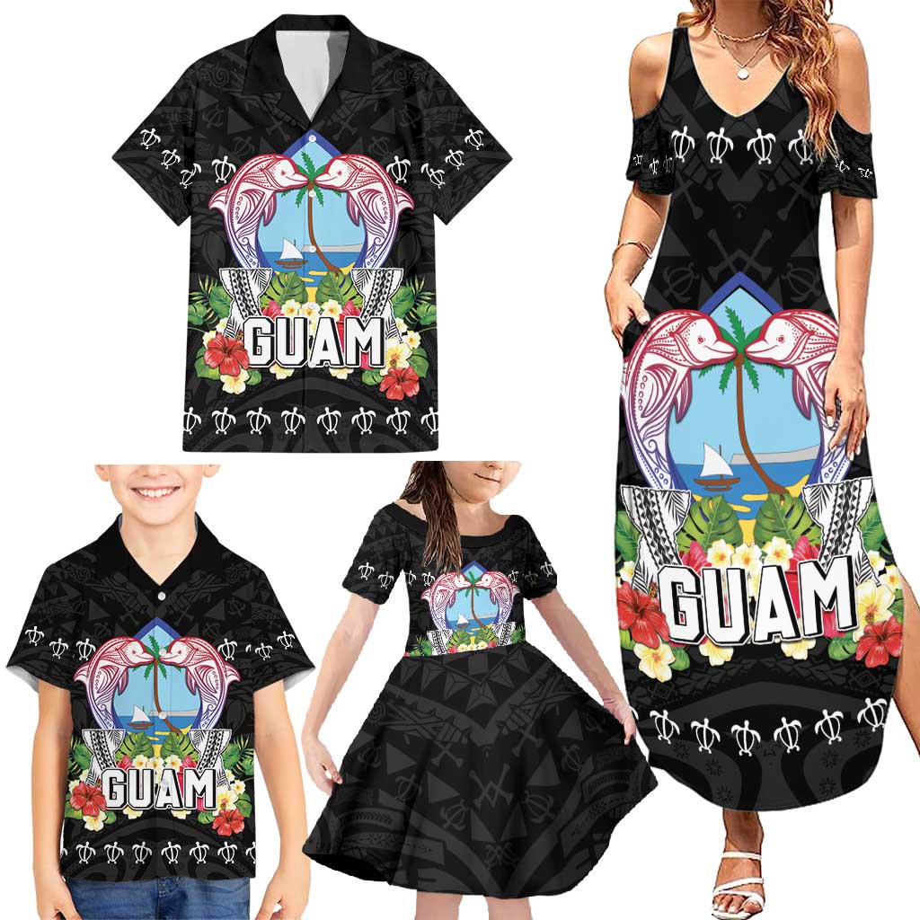 Guam Chamorro Family Matching Summer Maxi Dress and Hawaiian Shirt Tribal Latte Stone With Dolphins Black LT05 - Polynesian Pride