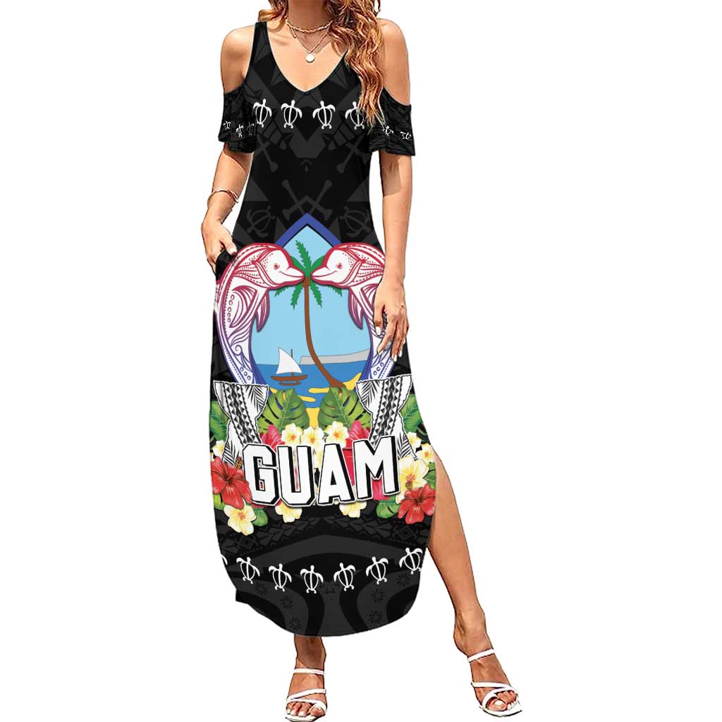 Guam Chamorro Family Matching Summer Maxi Dress and Hawaiian Shirt Tribal Latte Stone With Dolphins Black LT05 Mom's Dress Black - Polynesian Pride