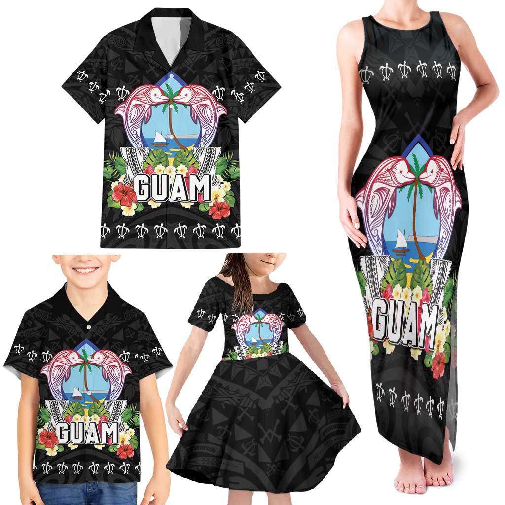 Guam Chamorro Family Matching Tank Maxi Dress and Hawaiian Shirt Tribal Latte Stone With Dolphins Black LT05 - Polynesian Pride