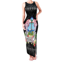 Guam Chamorro Family Matching Tank Maxi Dress and Hawaiian Shirt Tribal Latte Stone With Dolphins Black LT05 Mom's Dress Black - Polynesian Pride