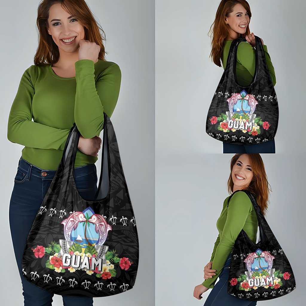 Guam Chamorro Grocery Bag Tribal Latte Stone With Dolphins Black