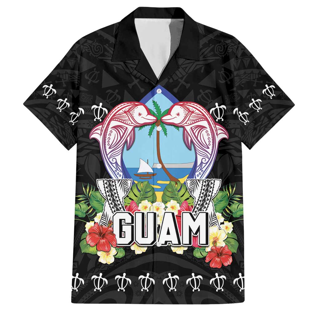 Guam Chamorro Hawaiian Shirt Tribal Latte Stone With Dolphins Black LT05 Black - Polynesian Pride