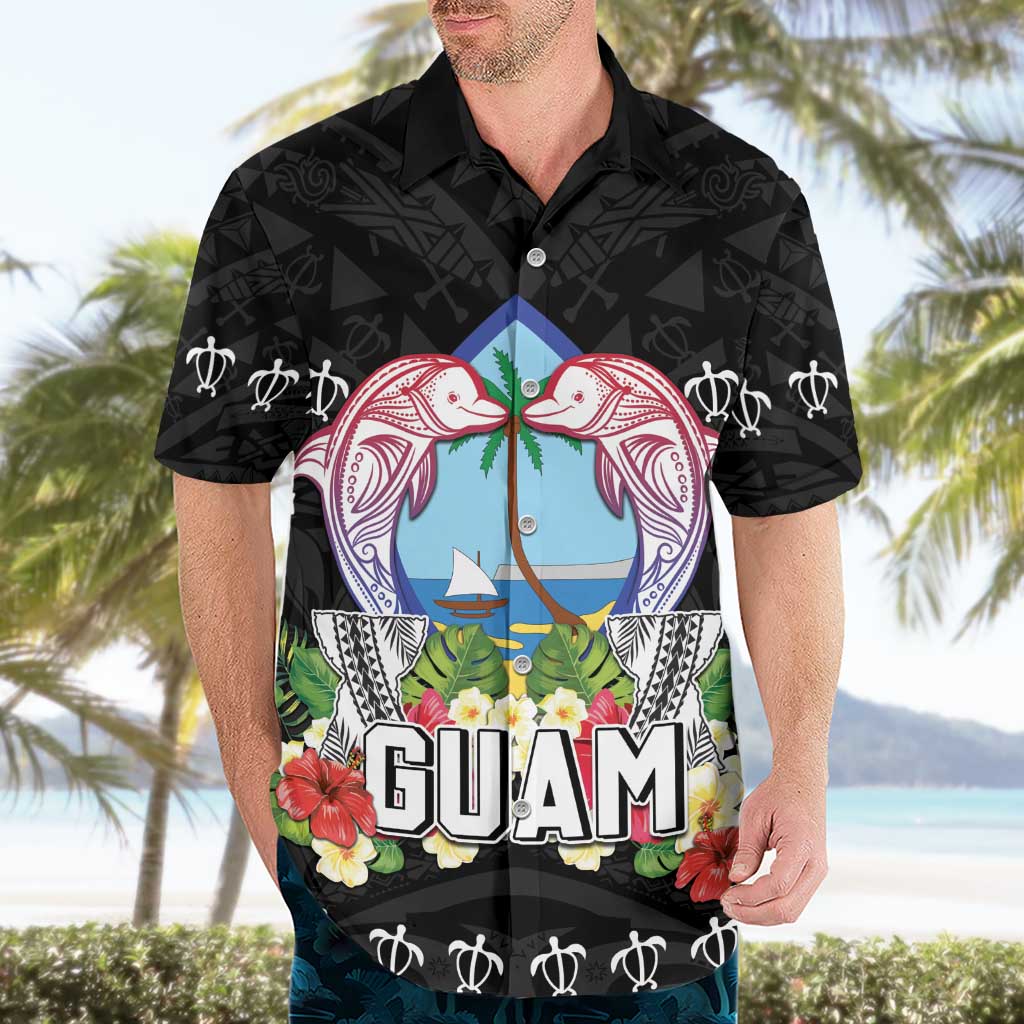 Guam Chamorro Hawaiian Shirt Tribal Latte Stone With Dolphins Black LT05 - Polynesian Pride