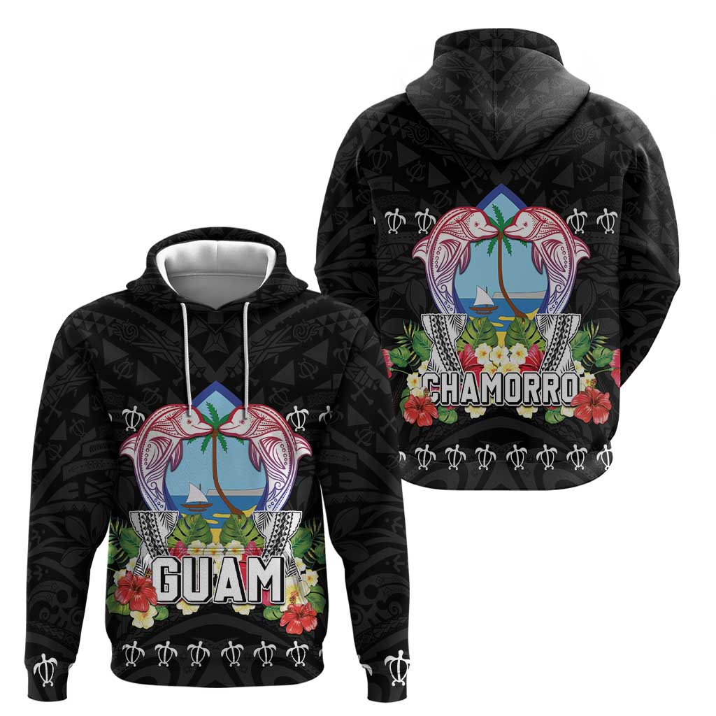 Guam Chamorro Hoodie Tribal Latte Stone With Dolphins Black LT05 - Polynesian Pride