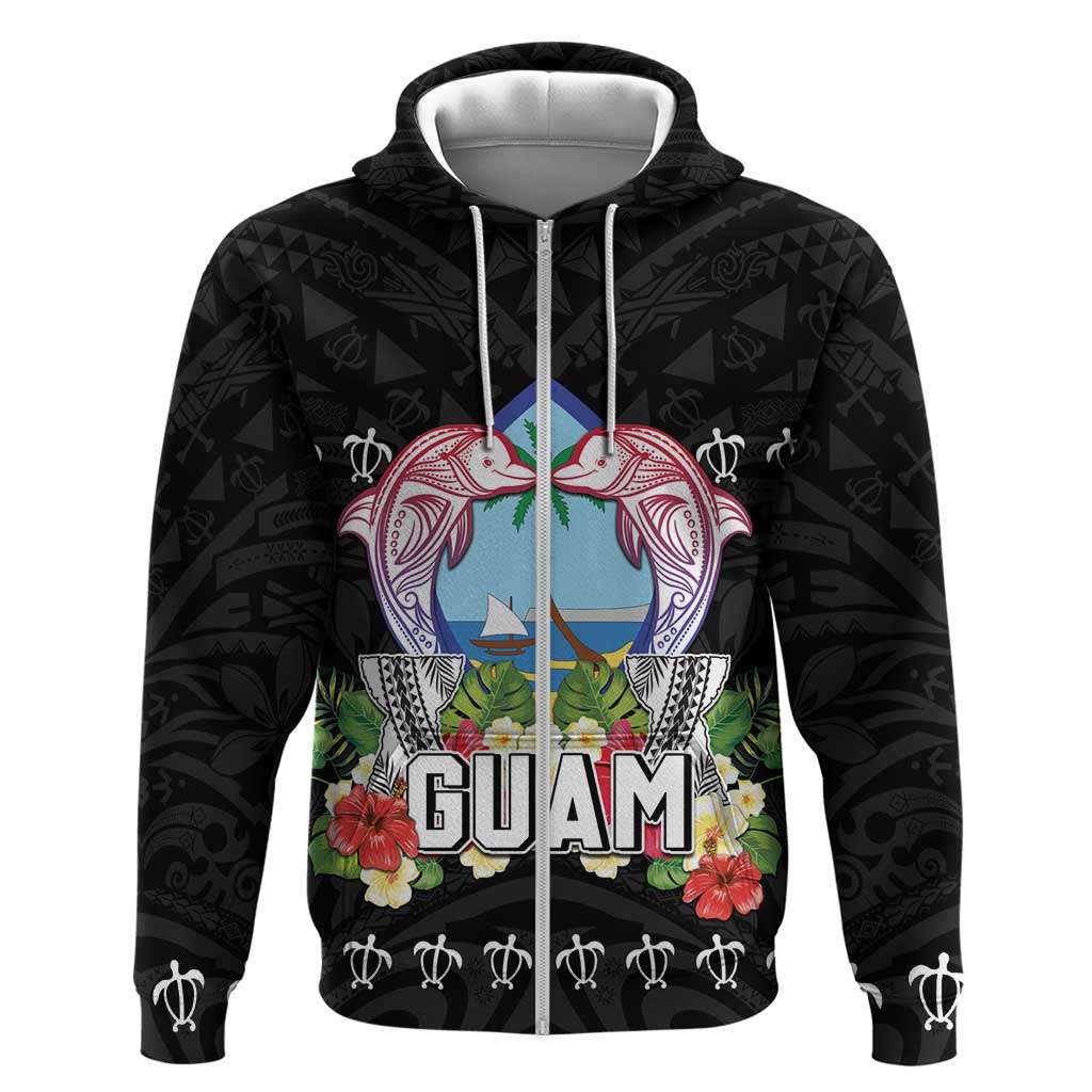 Guam Chamorro Hoodie Tribal Latte Stone With Dolphins Black LT05 Zip Hoodie Black - Polynesian Pride