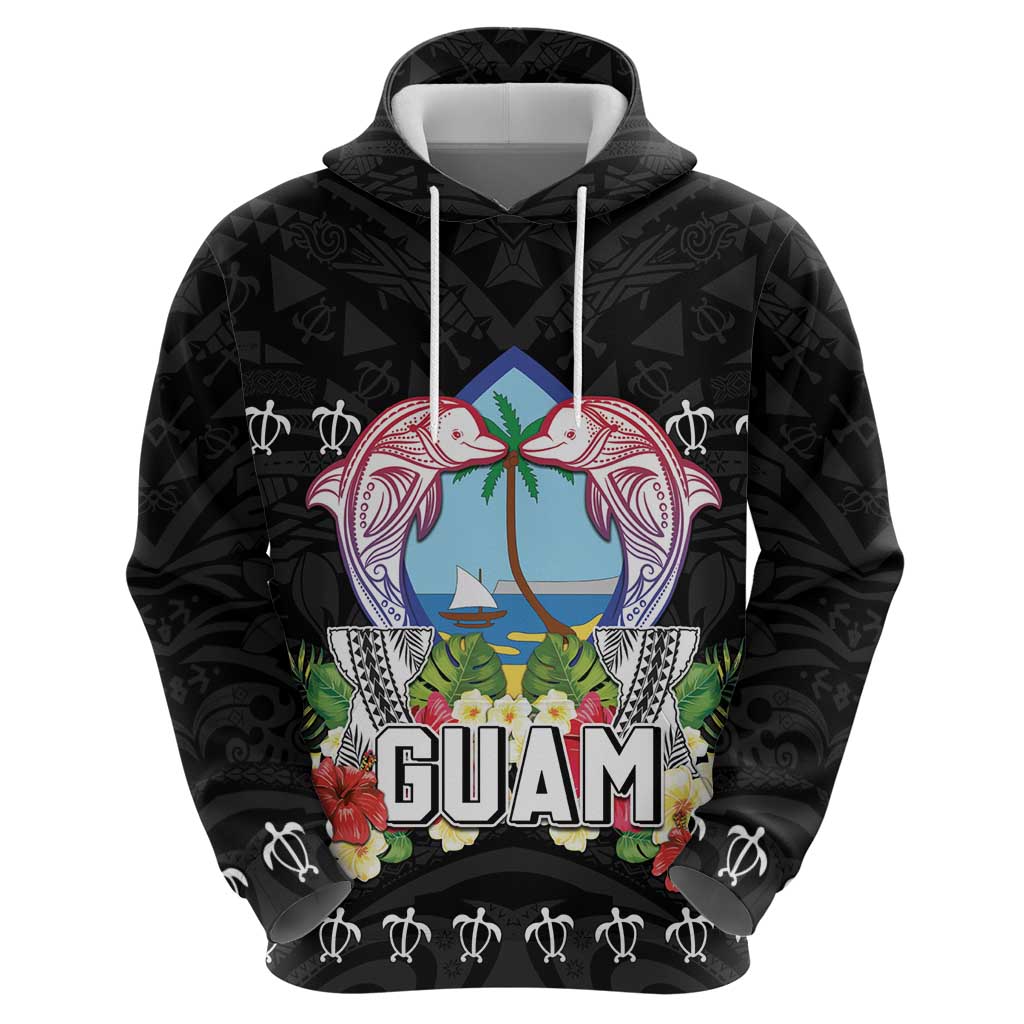 Guam Chamorro Hoodie Tribal Latte Stone With Dolphins Black LT05 - Polynesian Pride