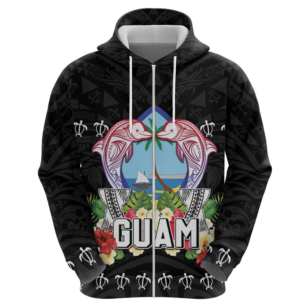 Guam Chamorro Hoodie Tribal Latte Stone With Dolphins Black LT05 - Polynesian Pride