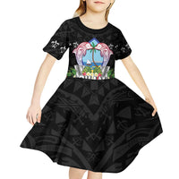 Guam Chamorro Kid Short Sleeve Dress Tribal Latte Stone With Dolphins Black