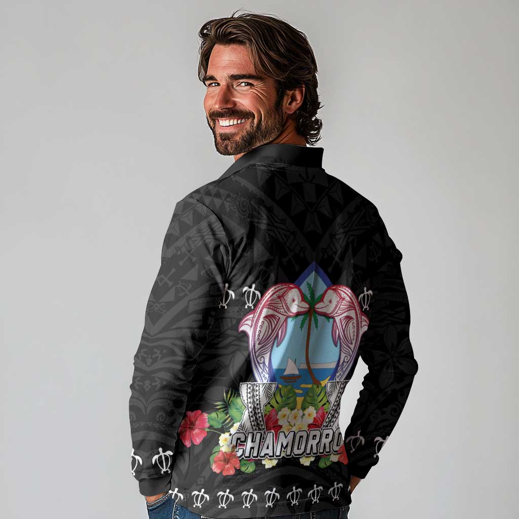 Guam Chamorro Long Sleeve Polo Shirt Tribal Latte Stone With Dolphins Black