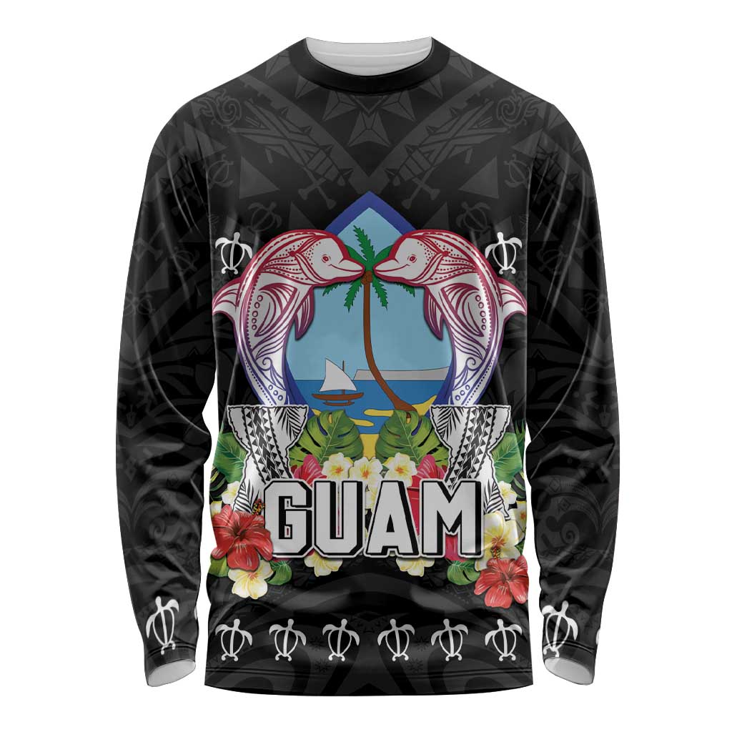 Guam Chamorro Long Sleeve Shirt Tribal Latte Stone With Dolphins Black LT05 Unisex Black - Polynesian Pride