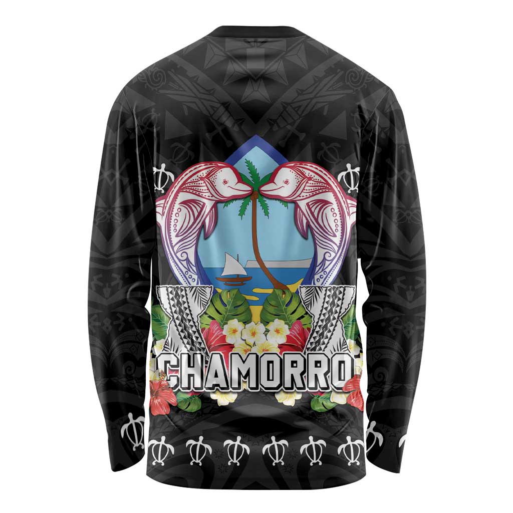 Guam Chamorro Long Sleeve Shirt Tribal Latte Stone With Dolphins Black LT05 - Polynesian Pride
