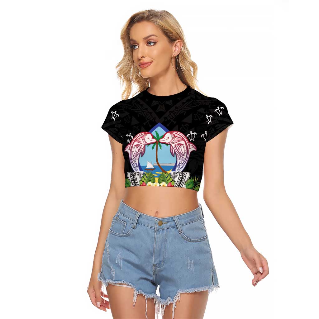 Guam Chamorro Raglan Cropped T Shirt Tribal Latte Stone With Dolphins Black