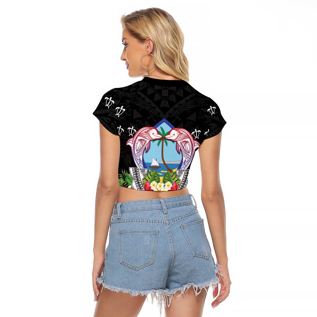 Guam Chamorro Raglan Cropped T Shirt Tribal Latte Stone With Dolphins Black