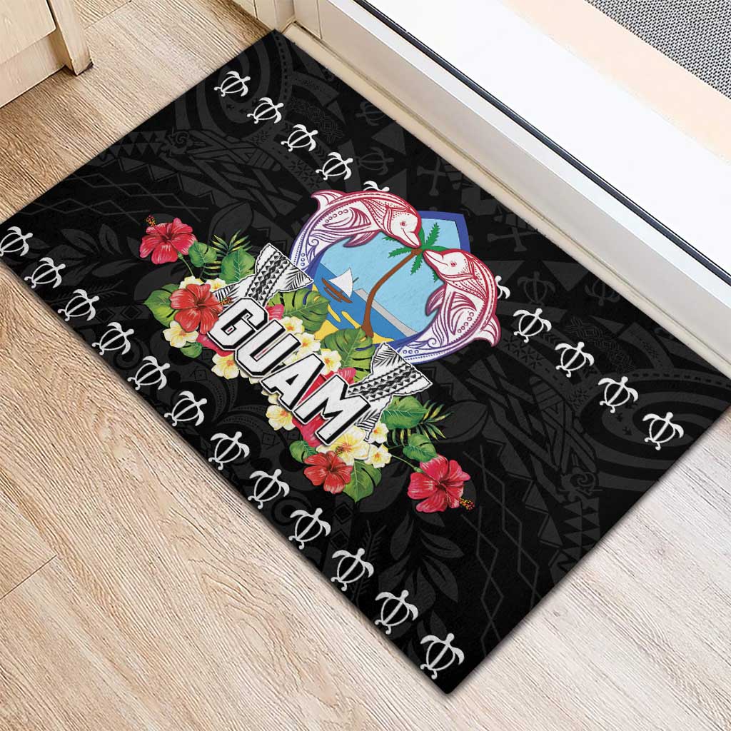Guam Chamorro Rubber Doormat Tribal Latte Stone With Dolphins Black