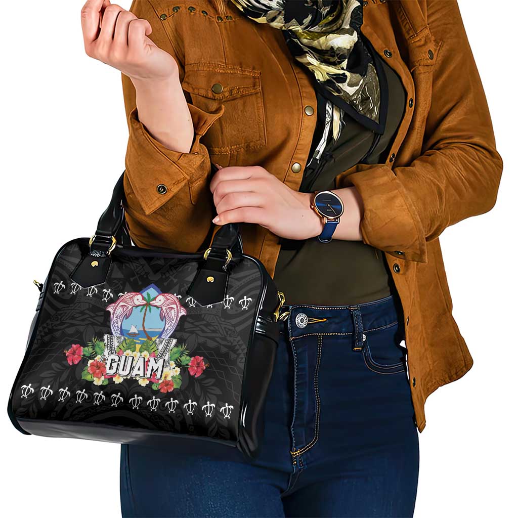 Guam Chamorro Shoulder Handbag Tribal Latte Stone With Dolphins Black