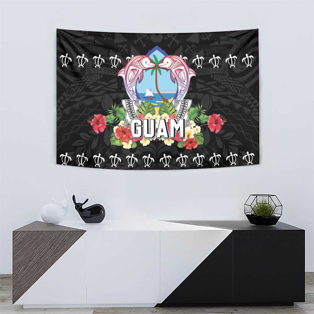 Guam Chamorro Tapestry Tribal Latte Stone With Dolphins Black