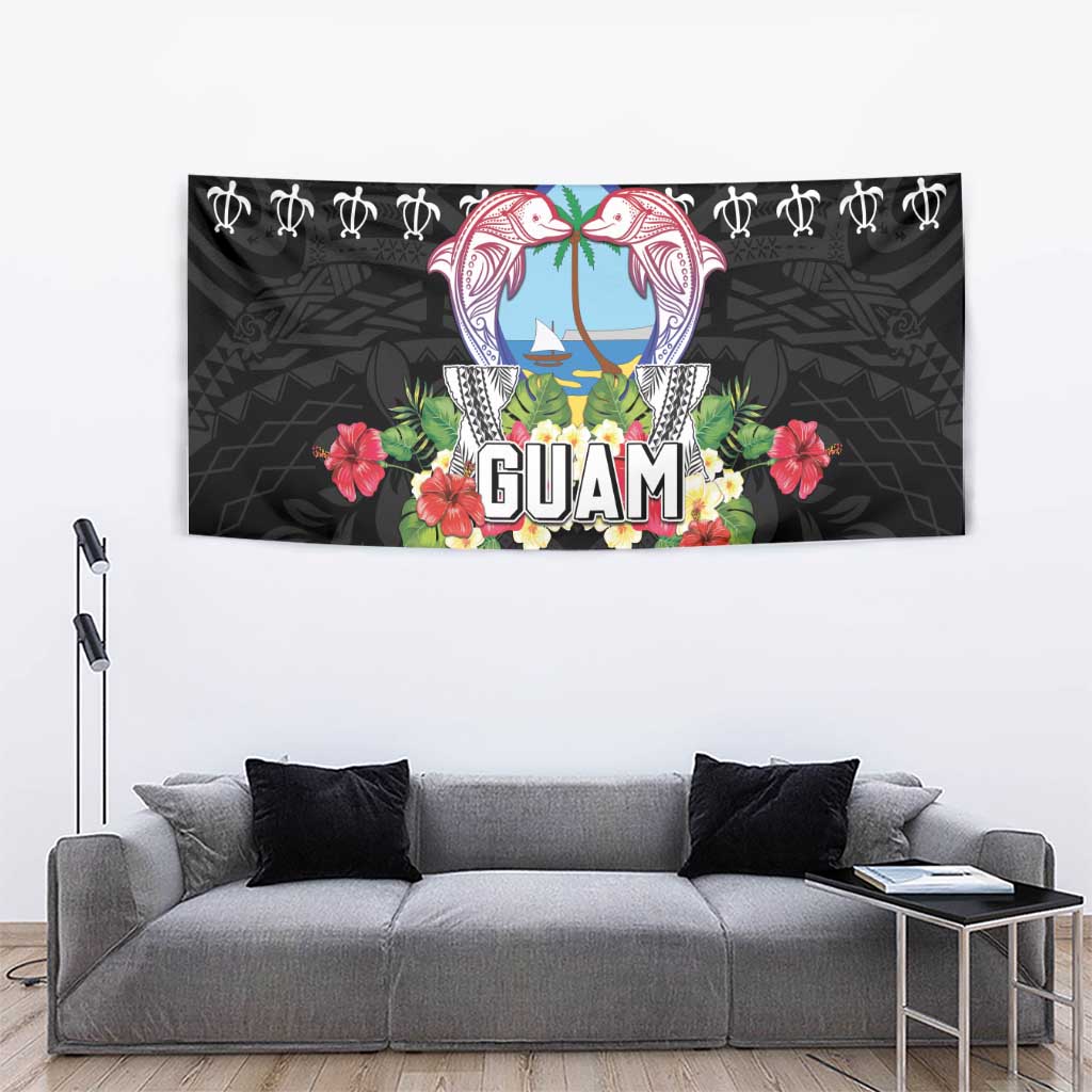 Guam Chamorro Tapestry Tribal Latte Stone With Dolphins Black