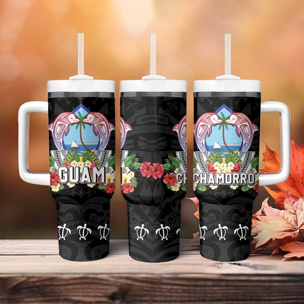 Guam Chamorro Tumbler With Handle Tribal Latte Stone With Dolphins Black