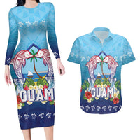 Guam Chamorro Couples Matching Long Sleeve Bodycon Dress and Hawaiian Shirt Tribal Latte Stone With Dolphins Blue LT05 Blue - Polynesian Pride