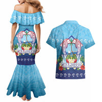 Guam Chamorro Couples Matching Mermaid Dress and Hawaiian Shirt Tribal Latte Stone With Dolphins Blue LT05 - Polynesian Pride
