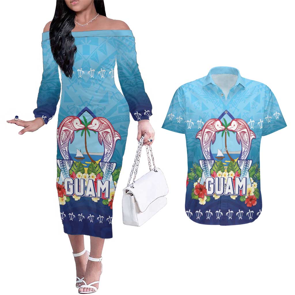 Guam Chamorro Couples Matching Off The Shoulder Long Sleeve Dress and Hawaiian Shirt Tribal Latte Stone With Dolphins Blue LT05 Blue - Polynesian Pride